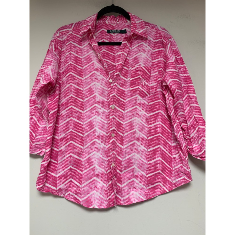 Lauren Ralph Lauren Button Down Women Small Pink‎ Excellent Chevron 3/4 Sleeve
